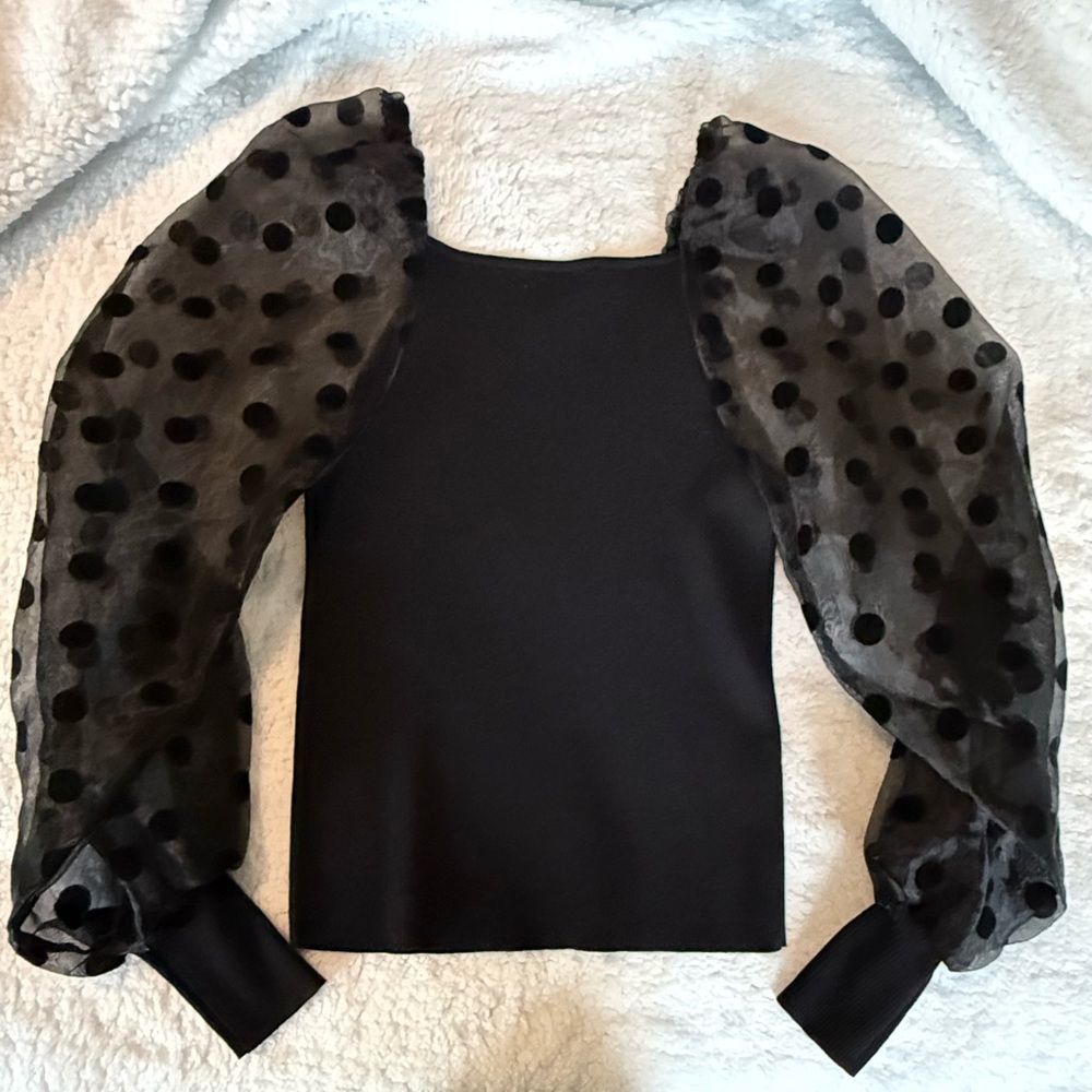 Flying Tomato Black Bodycon Top with Sheer Polka Dot Bubble Sleeves Whimsigoth